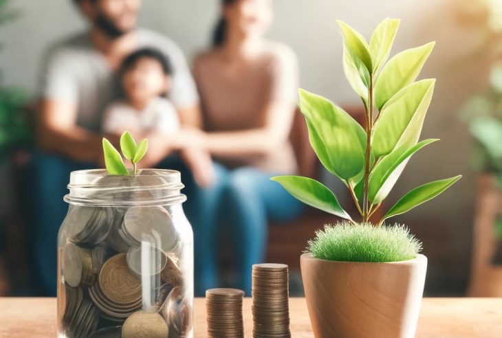 Famiglia felice che risparmia denaro con un barattolo di monete e una pianta simbolica